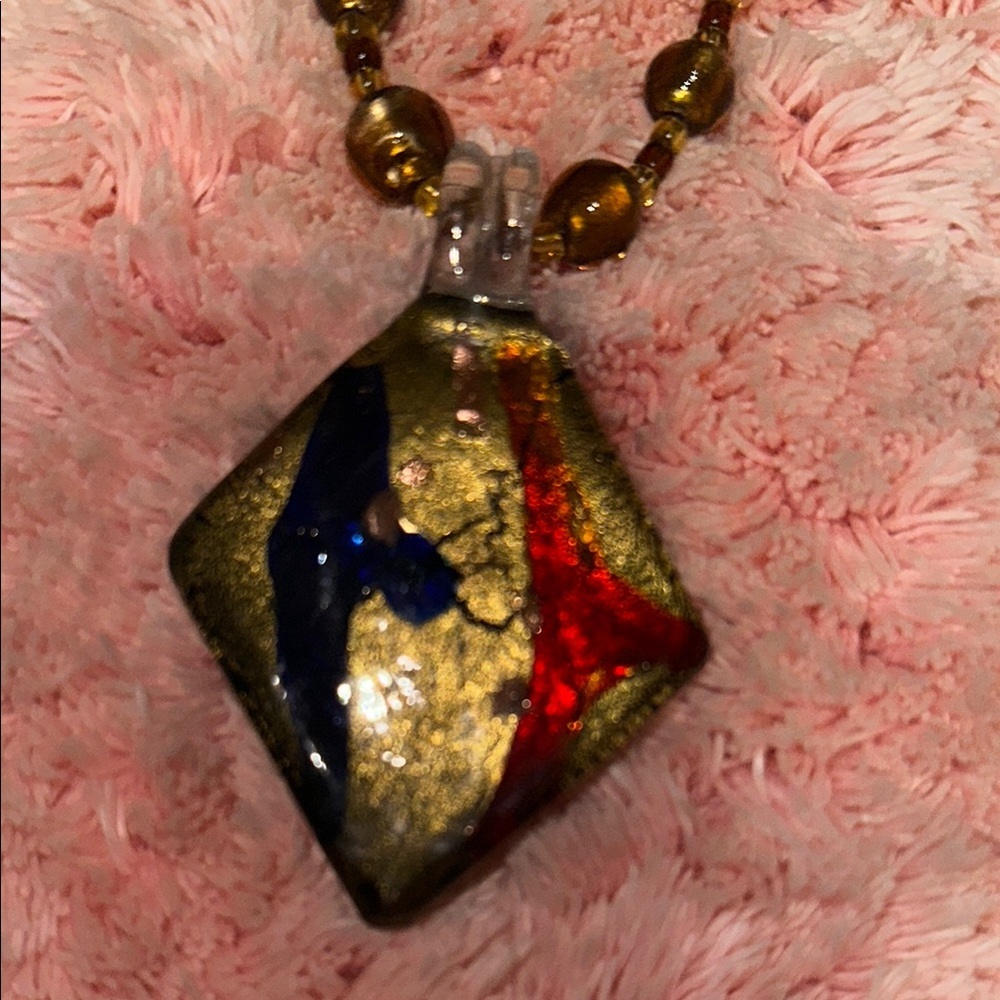 Elegant Gold and multi color murano style glass Pendant Necklace - Picture 3 of 8